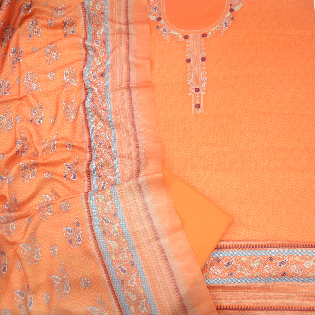 Nazia Neon Orange Printed Semi Pashmina Suit Set
