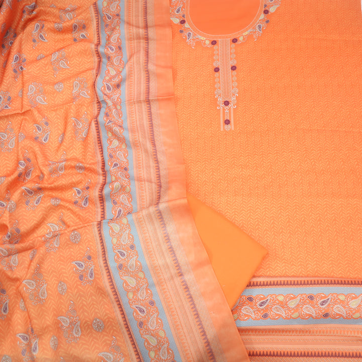 Nazia Neon Orange Printed Semi Pashmina Suit Set
