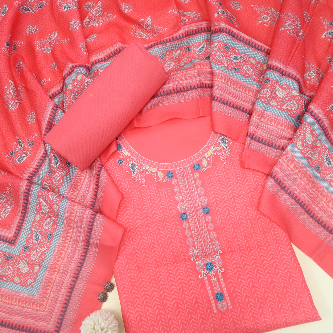 Nazia Neon Pink Printed Semi Pashmina Suit Set