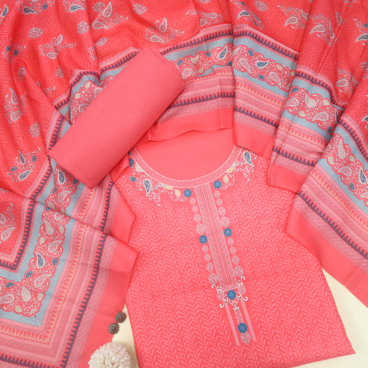 Nazia Neon Pink Printed Semi Pashmina Suit Set