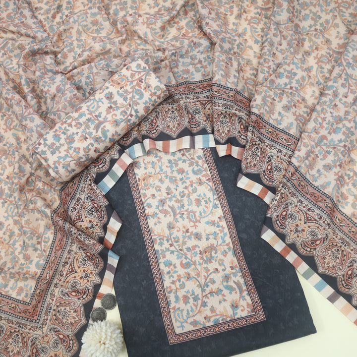 Taabir Soot Black Floral Printed Semi Pashmina Suit Set