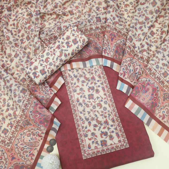 Taabir Garnet Red Floral Printed Semi Pashmina Suit Set