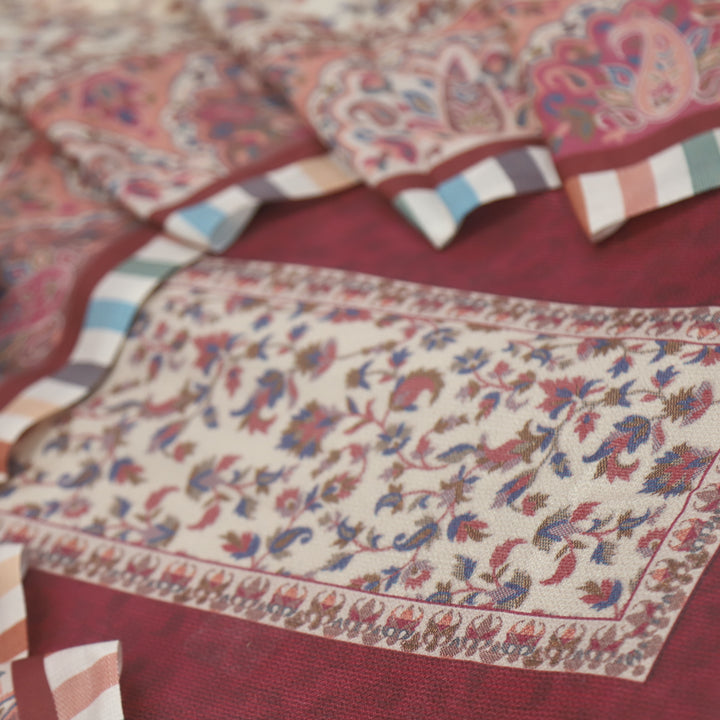 Taabir Garnet Red Floral Printed Semi Pashmina Suit Set