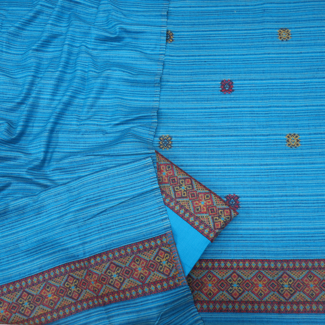 Tarannum Deep Blue Thread Weaved Stripe Printed Semi Pashmina Suit Set