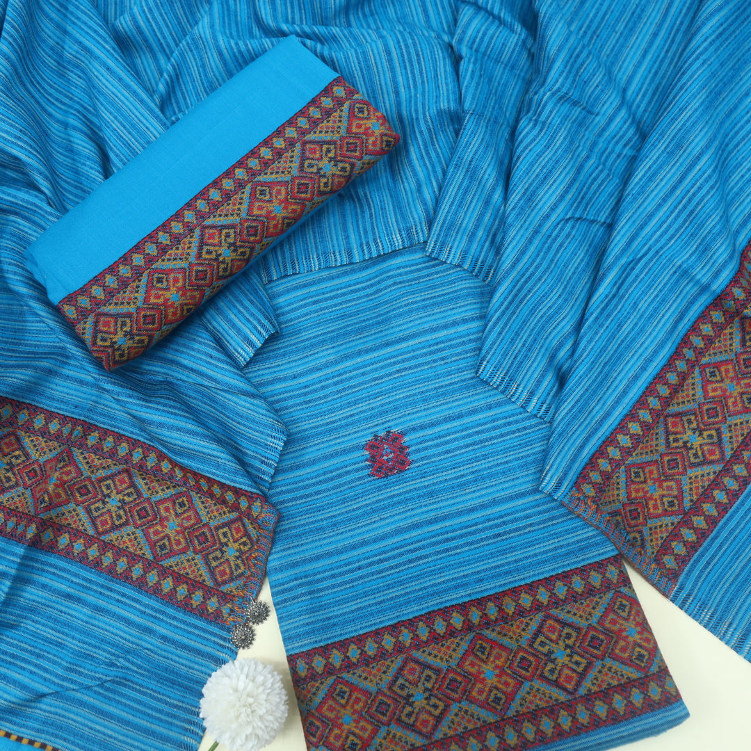 Tarannum Deep Blue Thread Weaved Stripe Printed Semi Pashmina Suit Set