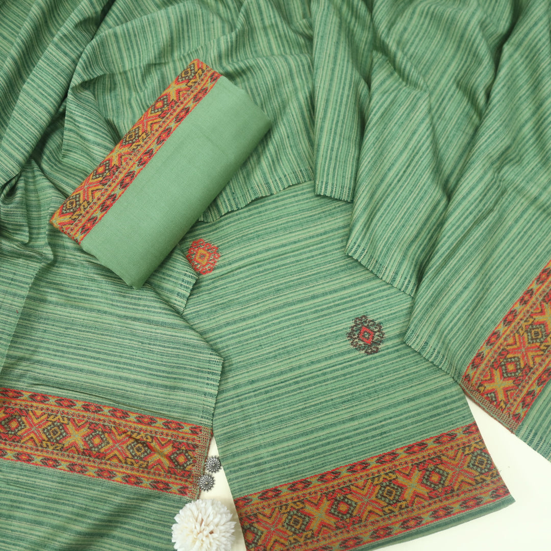 Tarannum Green Thread Weaved Stripe Printed Semi Pashmina Suit Set