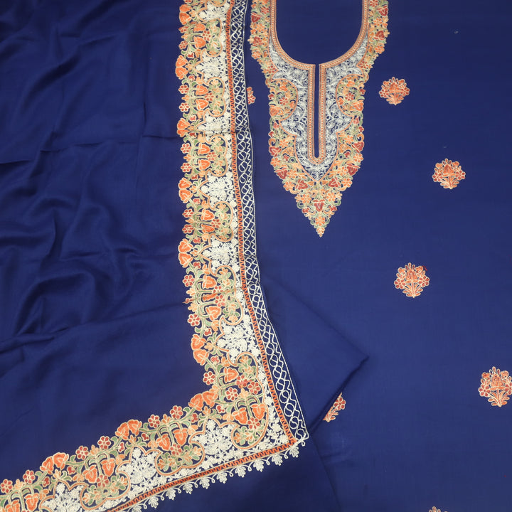 Azaab Royal Blue Kashida Embroidery Semi Pashmina Suit Set