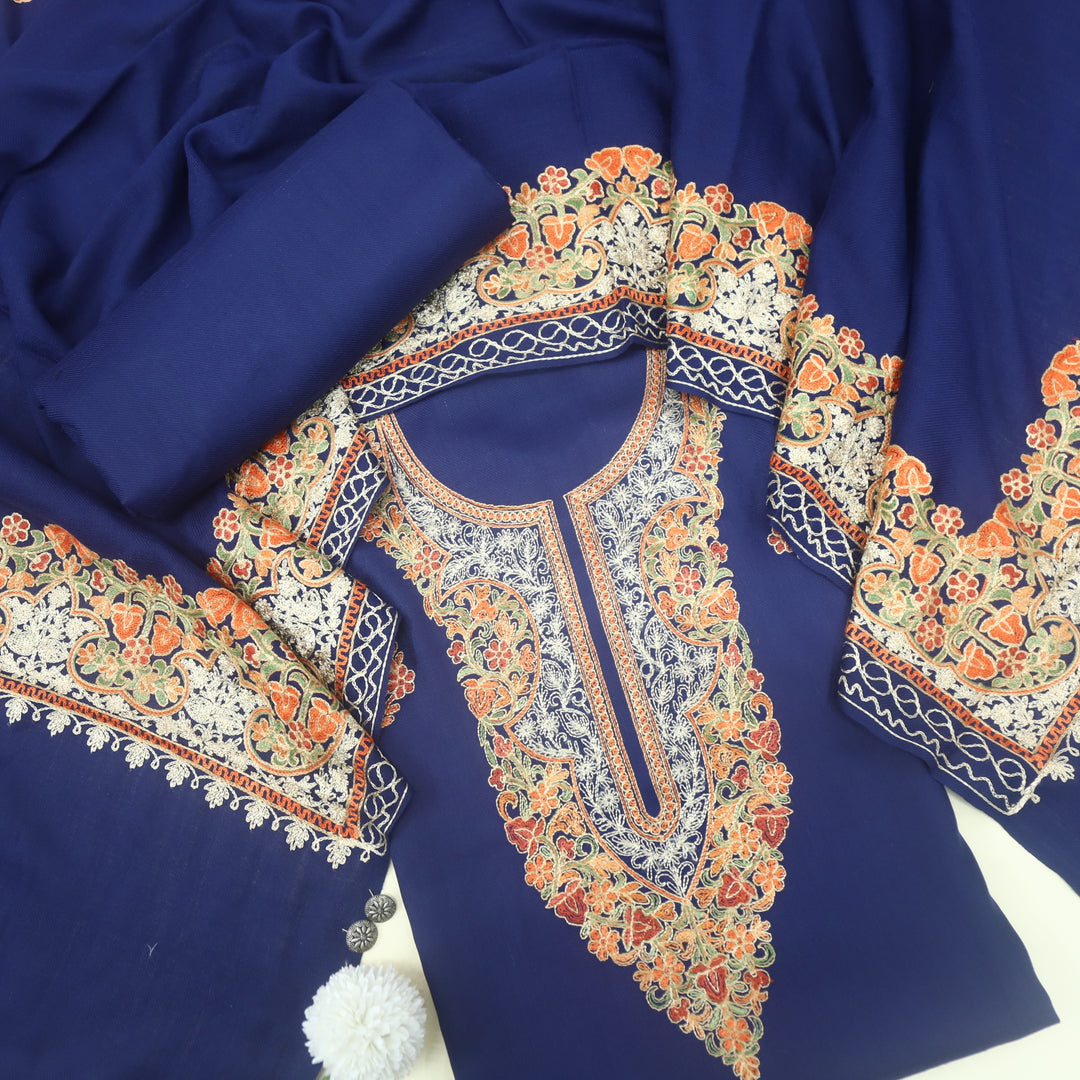 Azaab Royal Blue Kashida Embroidery Semi Pashmina Suit Set