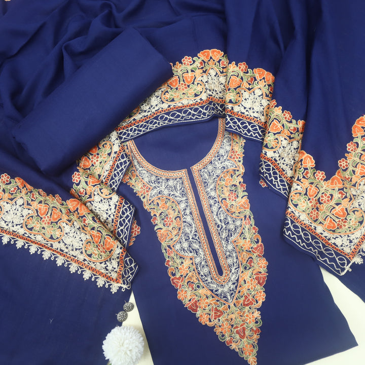 Azaab Royal Blue Kashida Embroidery Semi Pashmina Suit Set