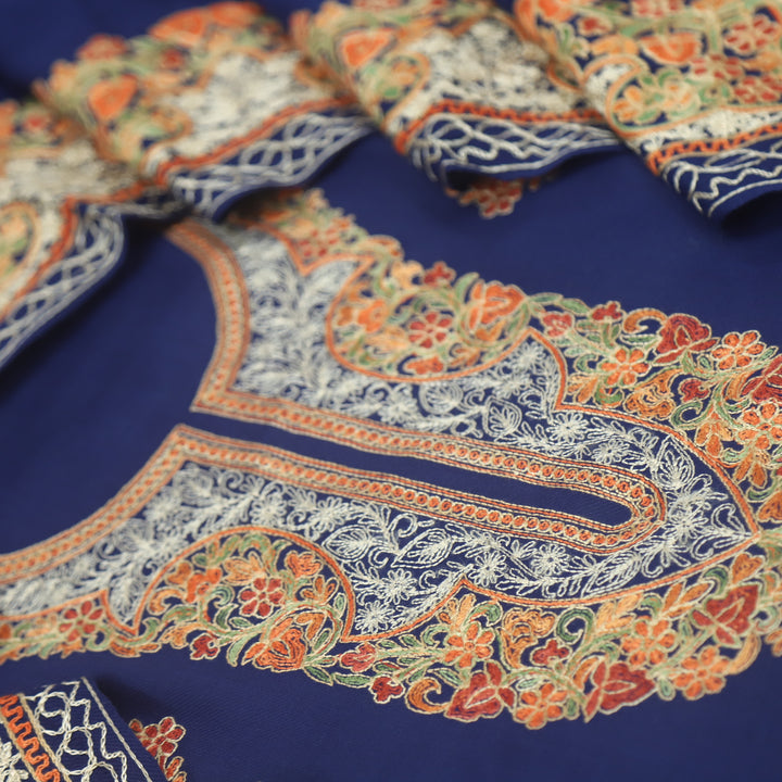 Azaab Royal Blue Kashida Embroidery Semi Pashmina Suit Set