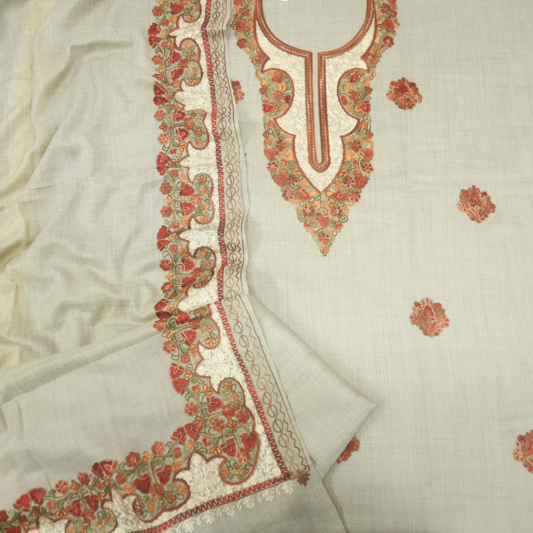 Azaab Faded Beige Kashida Embroidery Semi Pashmina Suit Set