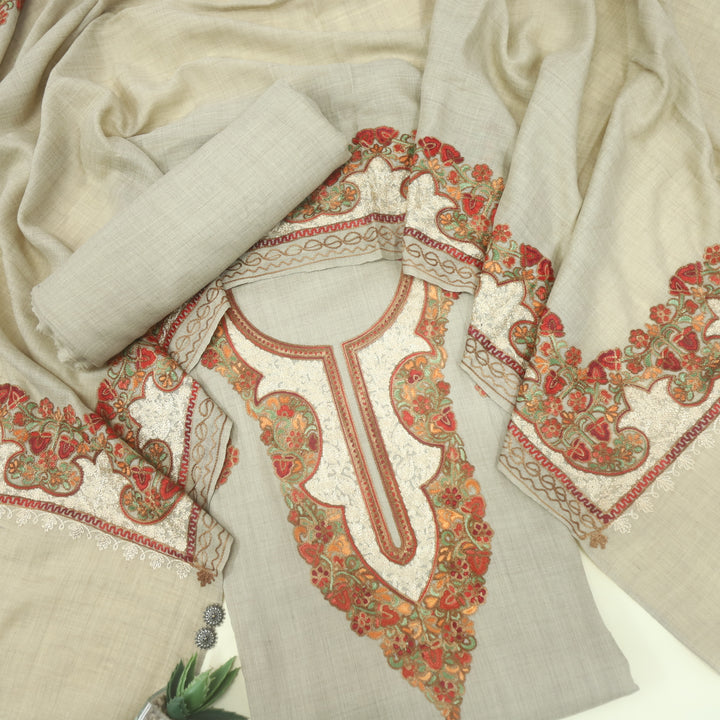 Azaab Faded Beige Kashida Embroidery Semi Pashmina Suit Set