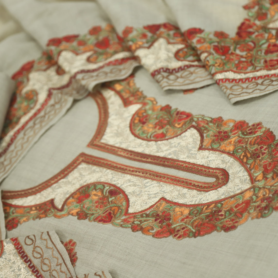 Azaab Faded Beige Kashida Embroidery Semi Pashmina Suit Set