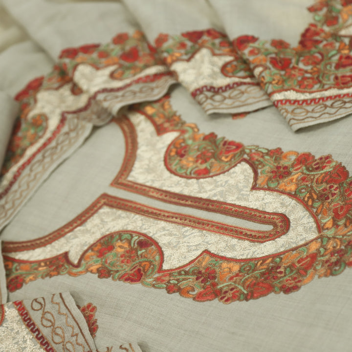 Azaab Faded Beige Kashida Embroidery Semi Pashmina Suit Set
