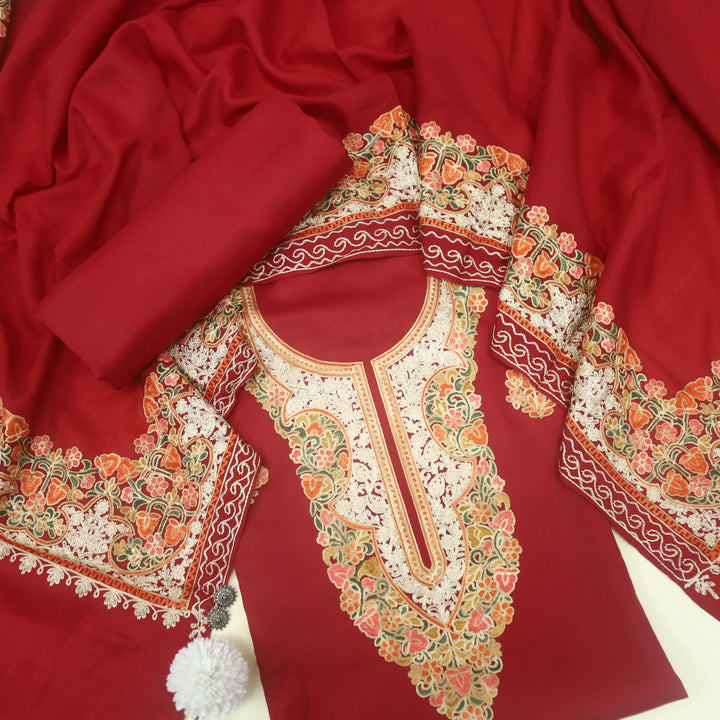 Azaab Bride Red Kashida Embroidery Semi Pashmina Suit Set