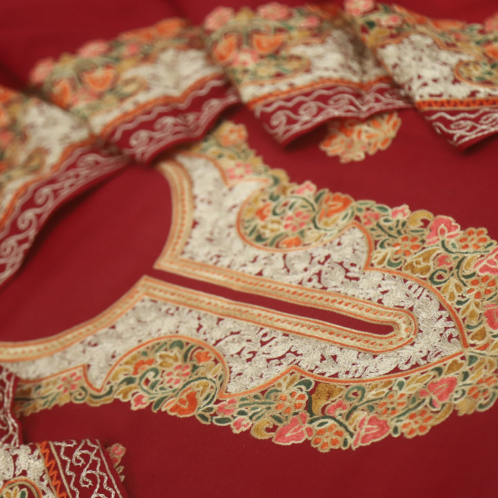 Azaab Bride Red Kashida Embroidery Semi Pashmina Suit Set