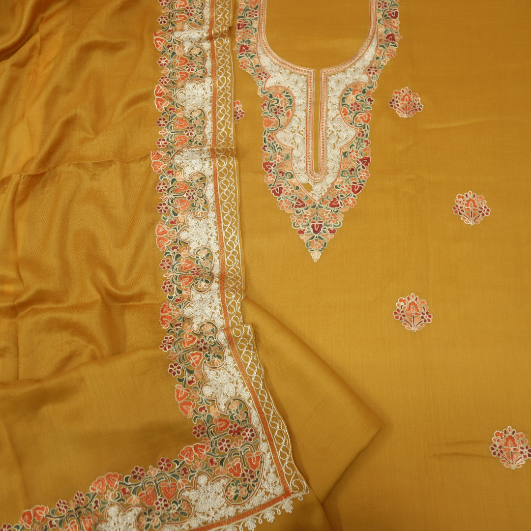 Azaab Honey Yellow Kashida Embroidery Semi Pashmina Suit Set