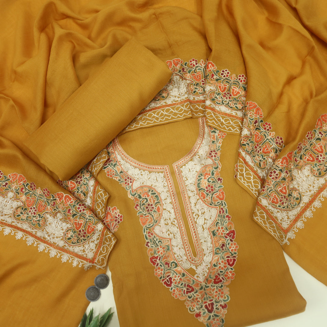 Azaab Honey Yellow Kashida Embroidery Semi Pashmina Suit Set
