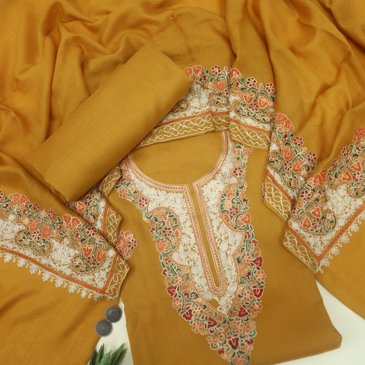Azaab Honey Yellow Kashida Embroidery Semi Pashmina Suit Set
