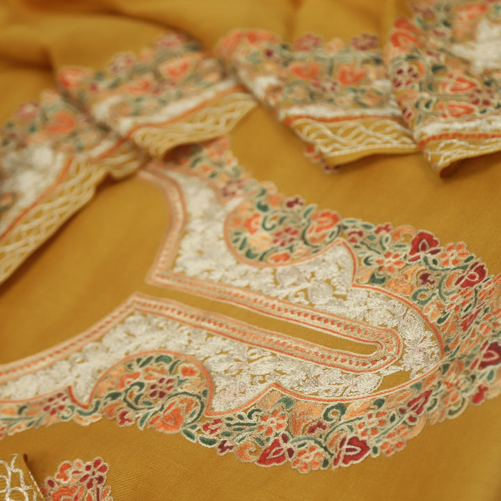 Azaab Honey Yellow Kashida Embroidery Semi Pashmina Suit Set