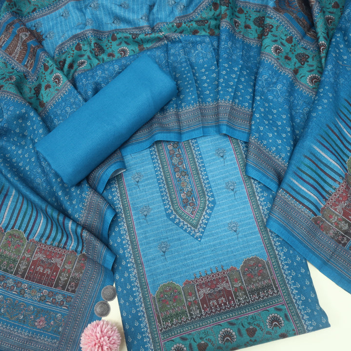 Umrah Sapphire Blue Digital Floral Printed Semi Pashmina Suit Set