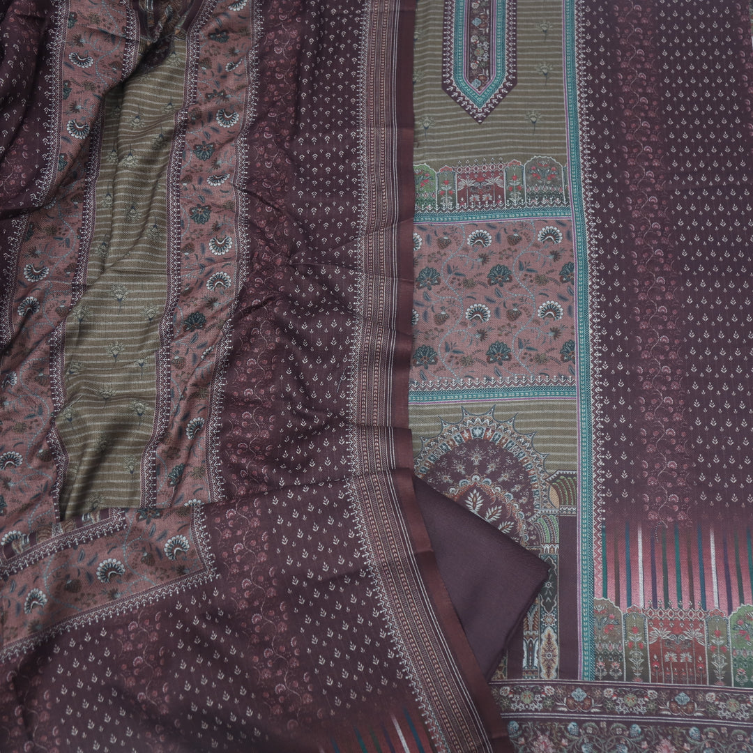 Umrah Coffee Brown Digital Floral Printed Semi Pashmina Suit Set
