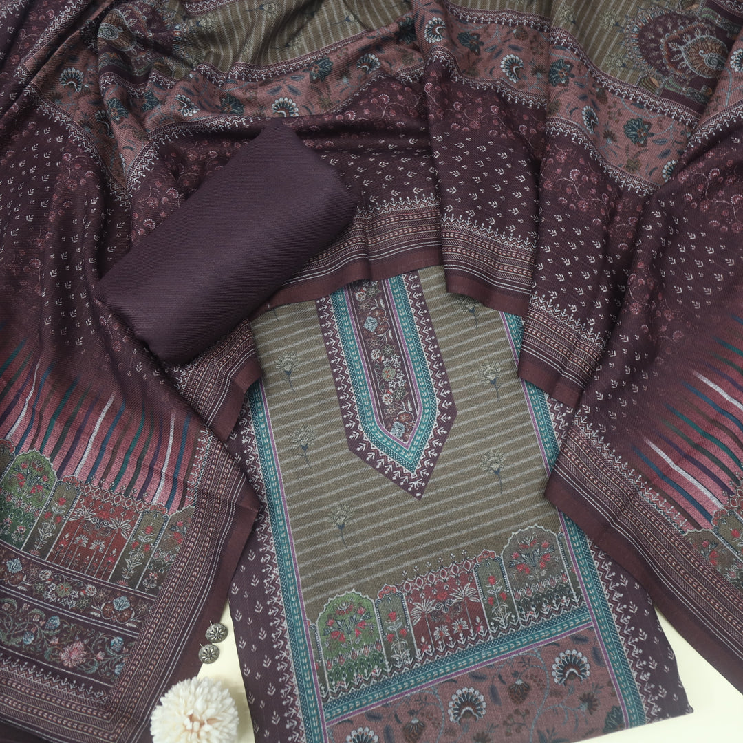 Umrah Coffee Brown Digital Floral Printed Semi Pashmina Suit Set