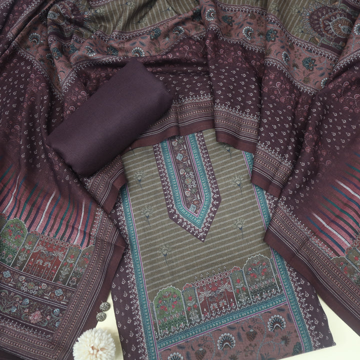 Umrah Coffee Brown Digital Floral Printed Semi Pashmina Suit Set