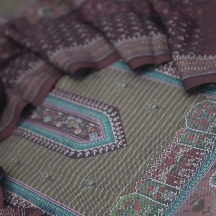 Umrah Coffee Brown Digital Floral Printed Semi Pashmina Suit Set
