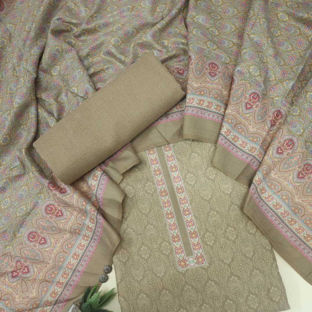 Ranjish Sand Cream Printed Semi Pashmina Suit Set