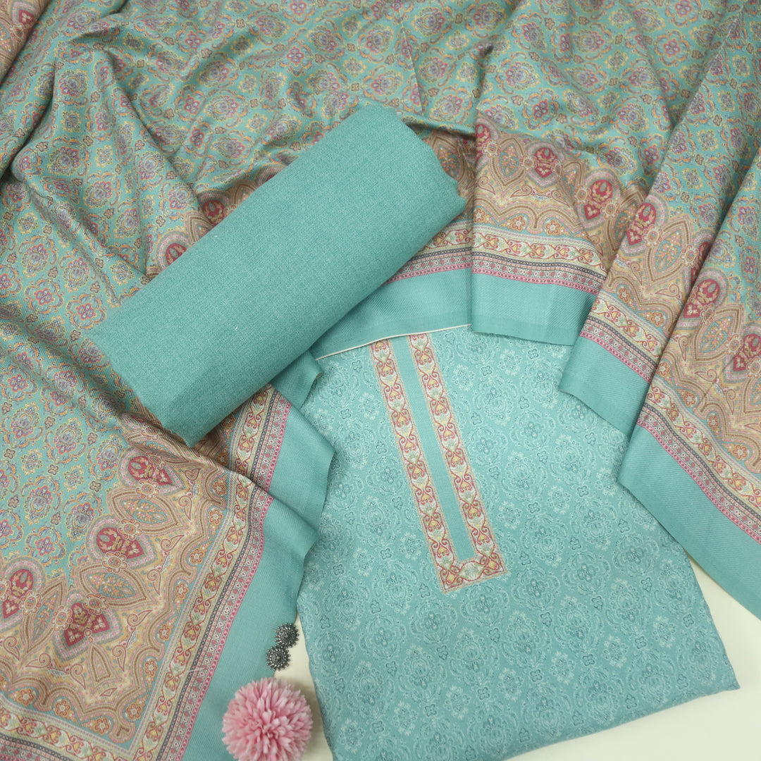 Ranjish Sea Green Printed Semi Pashmina Suit Set