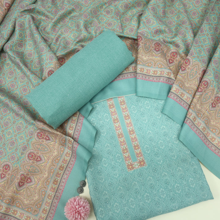 Ranjish Sea Green Printed Semi Pashmina Suit Set