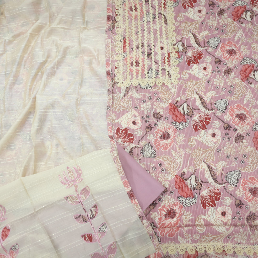 Aatish Baby Pink Lace Work Neck with Kantha Detailing Printed Cotton Suit Set