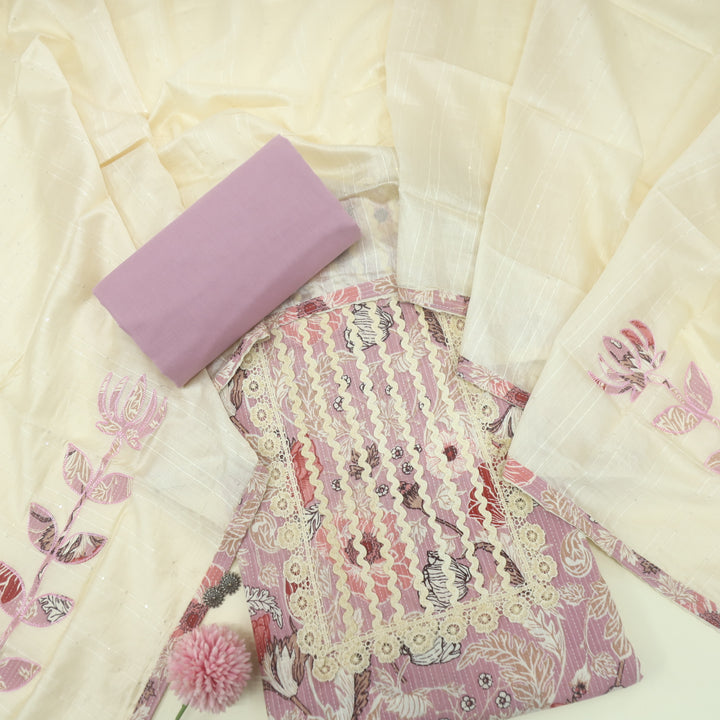 Aatish Baby Pink Lace Work Neck with Kantha Detailing Printed Cotton Suit Set