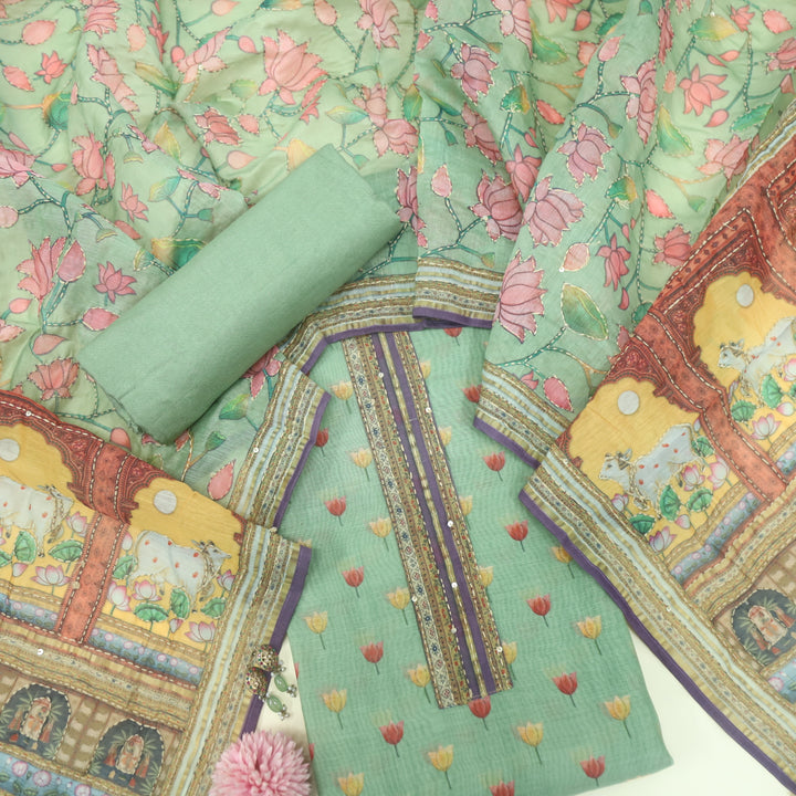 Kohinoor Minty Green Pichwai Print Kantha Work Chanderi Suit Set