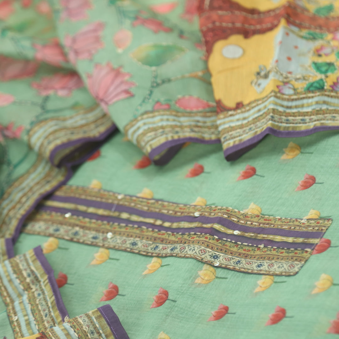 Kohinoor Minty Green Pichwai Print Kantha Work Chanderi Suit Set