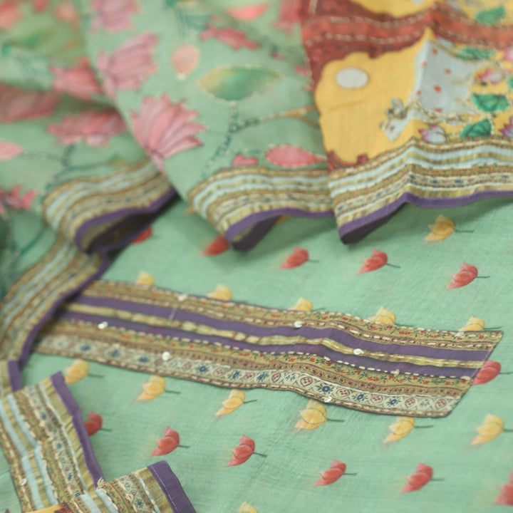 Kohinoor Minty Green Pichwai Print Kantha Work Chanderi Suit Set