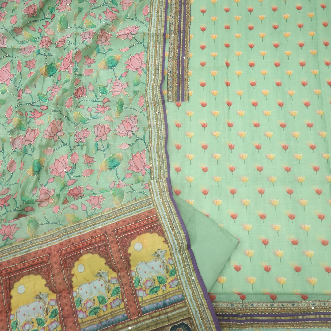Kohinoor Minty Green Pichwai Print Kantha Work Chanderi Suit Set
