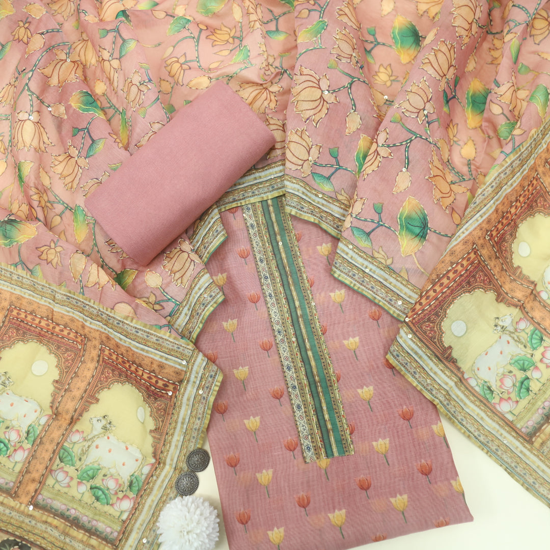 Kohinoor Blush Pink Pichwai Print Kantha Work Chanderi Suit Set