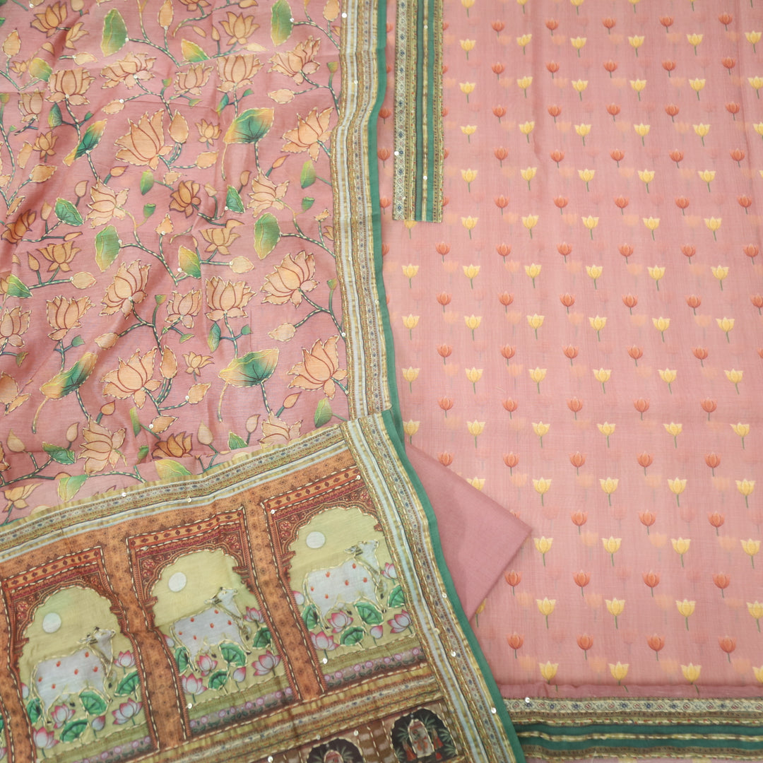 Kohinoor Blush Pink Pichwai Print Kantha Work Chanderi Suit Set