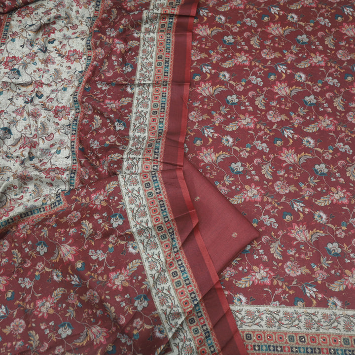 Bulaava Maroon Red Digital Floral Printed Semi Pashmina Suit Set