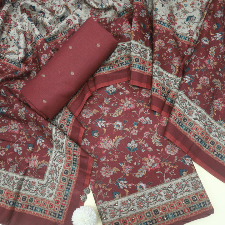 Bulaava Maroon Red Digital Floral Printed Semi Pashmina Suit Set