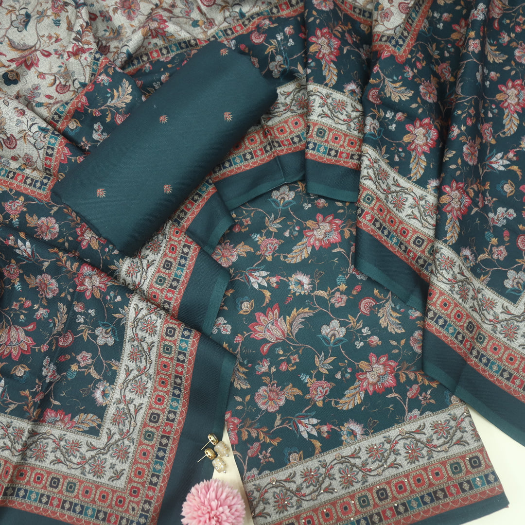 Bulaava Sacramento Green Digital Floral Printed Semi Pashmina Suit Set
