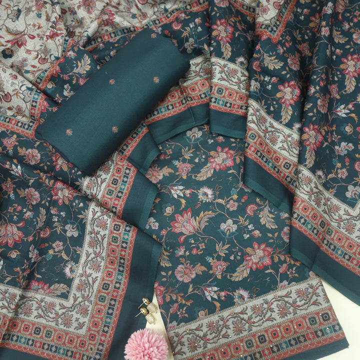 Bulaava Sacramento Green Digital Floral Printed Semi Pashmina Suit Set
