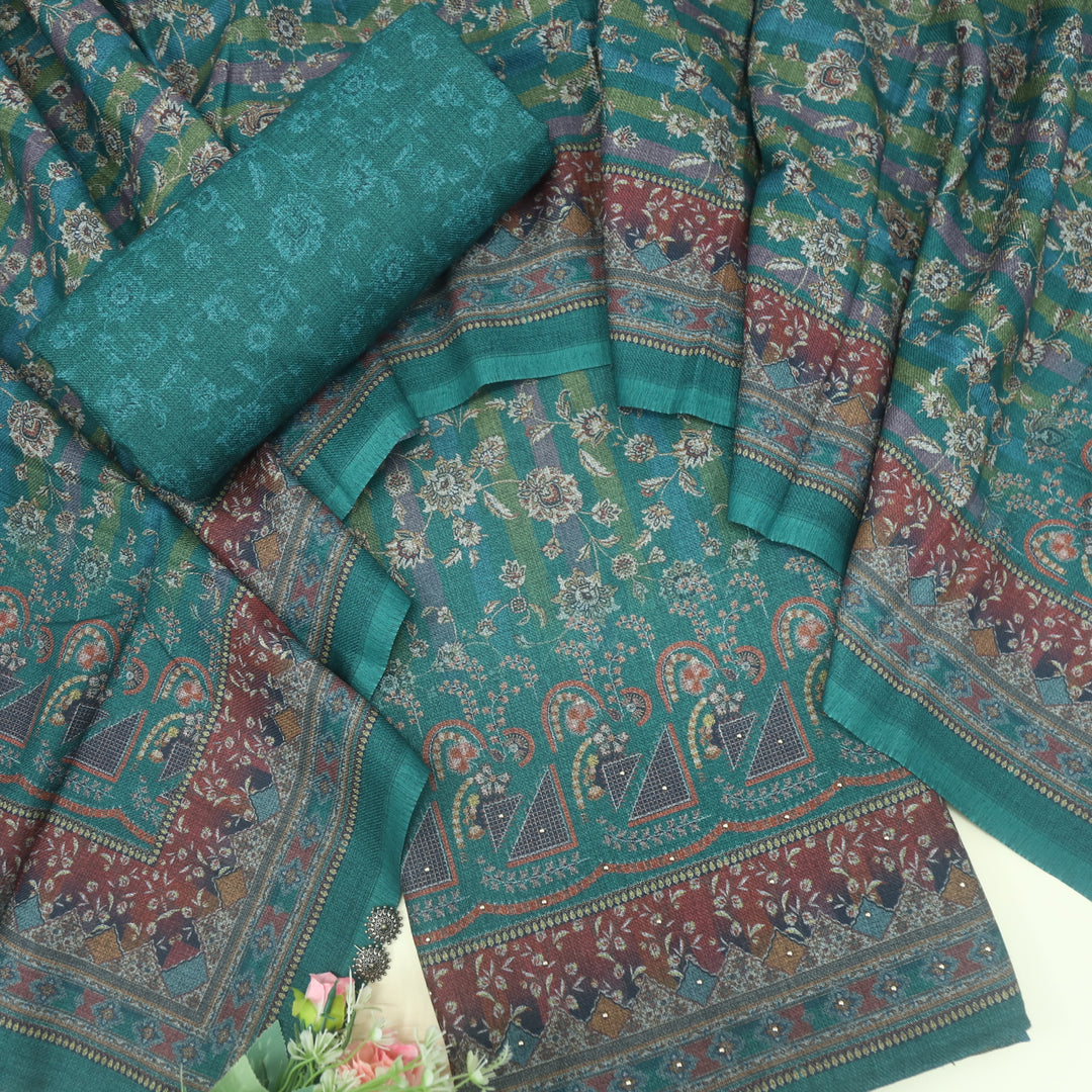 Bulaava Broccoli Green Digital Printed Semi Pashmina Suit Set