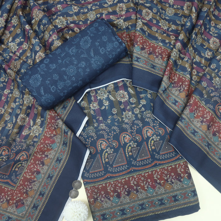 Bulaava Navy Blue Digital Printed Semi Pashmina Suit Set