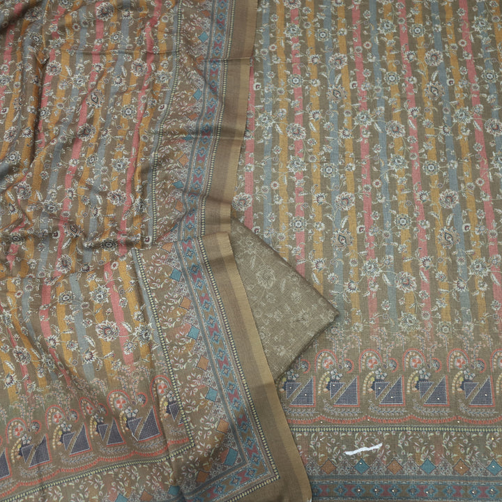 Bulaava Dark Olive Digital Printed Semi Pashmina Suit Set