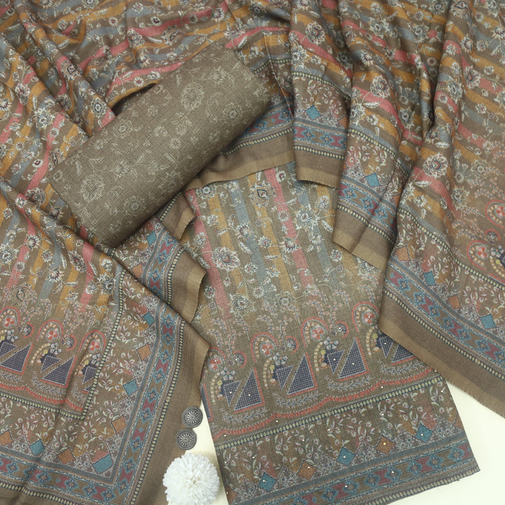 Bulaava Dark Olive Digital Printed Semi Pashmina Suit Set