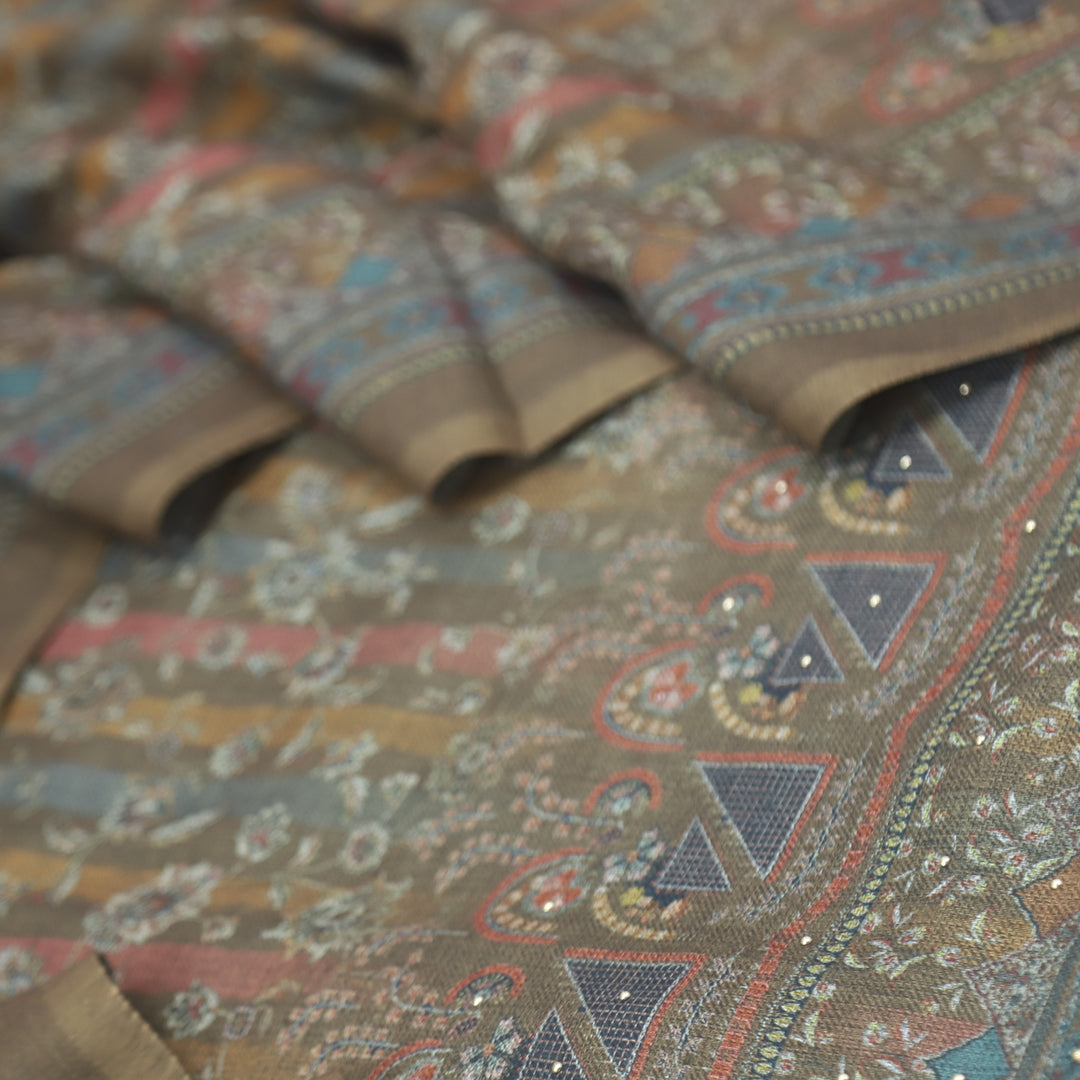 Bulaava Dark Olive Digital Printed Semi Pashmina Suit Set