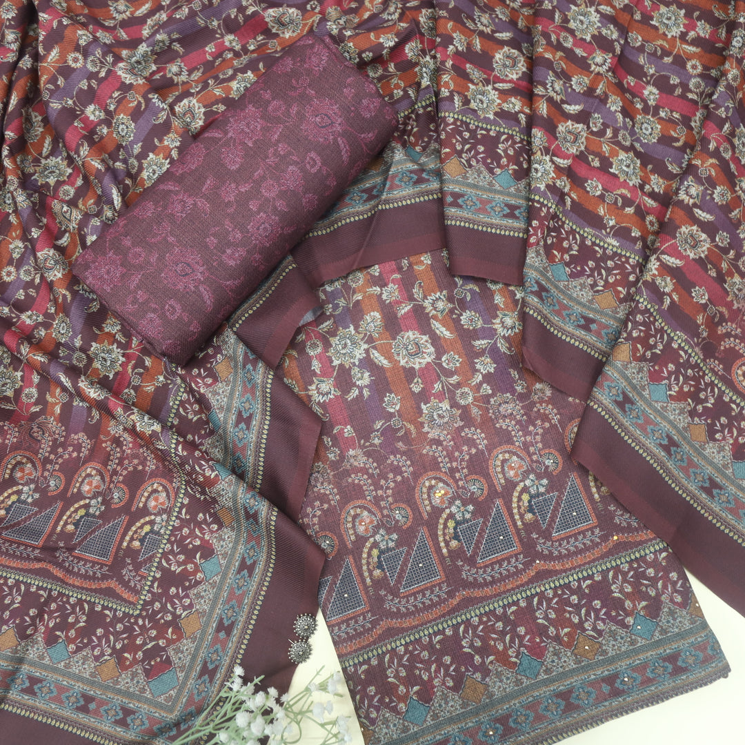 Bulaava Mulberry Purple Digital Printed Semi Pashmina Suit Set